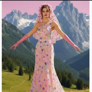 Floral Pink Maxi Dress Sequins One Shoulder